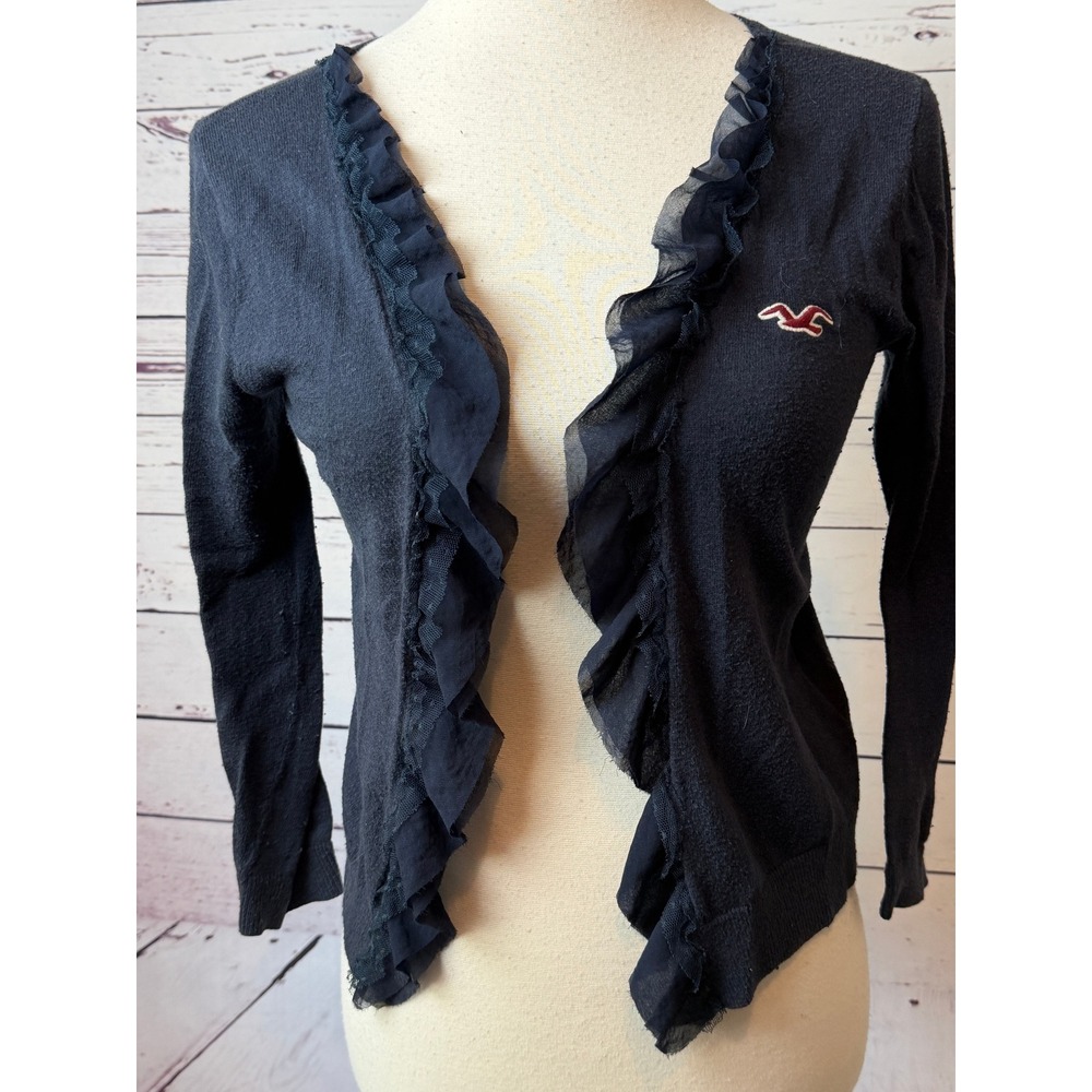 Hollister Cardigan Small Navy Blue Ruffle Open Front 80s Y2K Cropped Coquette